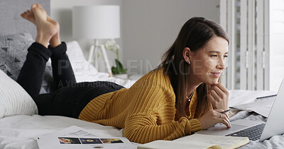 Buy stock photo Woman, laptop and research on bed with remote work from home, food review or report for website. Person, journalist and freelance critic with tech, scroll and cuisine article for newsletter at house
