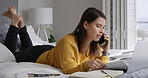 Phone call, documents and woman on bed in home with communication, feedback or connection. Laptop, cellphone and female creative freelancer on mobile discussion with paperwork in bedroom at house.