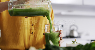 Buy stock photo Hand, woman and glass in home for drink, healthy diet and breakfast fruit smoothie. Person, blender and wellness in kitchen to prepare ingredients, meal prep or nutrition shake for weight loss