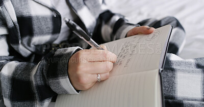 Buy stock photo Notebook, writing and hands of woman in home for journalling, reflection and ideas in bedroom. House, closeup and person on bed with journal, book and pen for inspiration, planning and diary entry