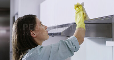 Buy stock photo Gloves, wipe or woman with cleaning in kitchen, home maintenance service or antibacterial cloth. Disinfection, tidy routine or housekeeper with tools for dirty surface, hygiene or bacteria protection