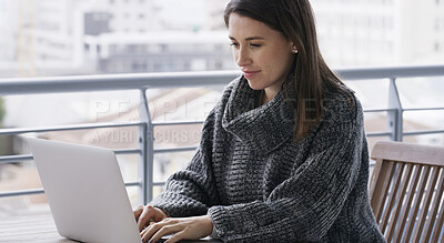 Buy stock photo Remote work, woman and typing on laptop on balcony for article draft, newsletter and proofreading. Freelance journalist, employee and tech at home for submission upload, copywriting and editor email