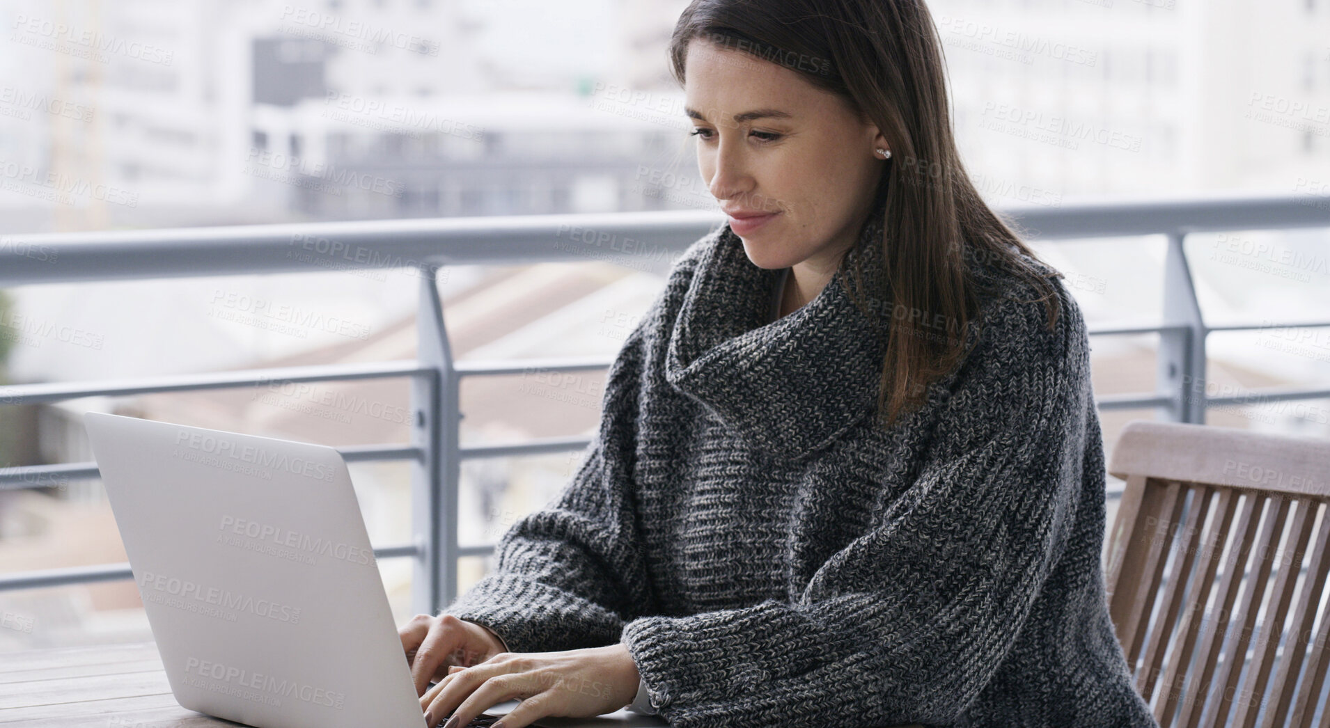 Buy stock photo Remote work, woman and typing on laptop on balcony for article draft, newsletter and proofreading. Freelance journalist, employee and tech at home for submission upload, copywriting and editor email