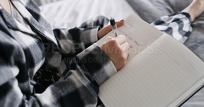 Buy stock photo Notebook, writing and hands of woman in bedroom for journalling, reflection and ideas in home. House, above and person on bed with journal, book and pen for inspiration, planning and diary entry