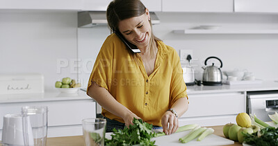 Buy stock photo Woman, phone call and cutting vegetables in kitchen, home and happy for conversation, blender and chat. Person, smartphone and smile with smoothie ingredients, contact or meal prep for detox in house