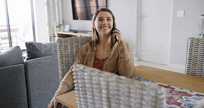 Buy stock photo Smile, woman and student with phone call at house for discussion, study schedule and feedback. Person, mobile app or contact college for enrollment approval, education consultation and admission chat