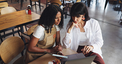 Buy stock photo Cafe owner, barista and meeting with tech for online inventory checklist, staff schedule or review supplier info. Women, boss and waitress on tablet for menu planning, laptop and coffee shop budget 