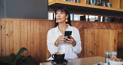 Buy stock photo Business woman, phone and wait in coffee shop for break, social media and notification. Mature freelancer, research and tech with internet for meeting, website or review in cafe for project proposal