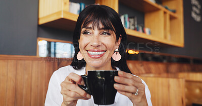 Buy stock photo Calm, smile or woman in cafe with cup, positive memory or beverage enjoyment on work break. Satisfaction, nostalgia or person in coffee shop with mug, hot drink or inspiration in restaurant.