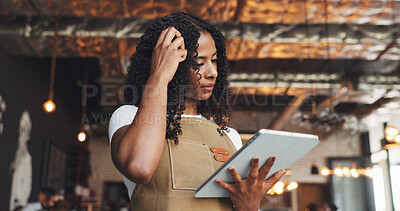 Buy stock photo Thinking, woman and barista with tablet in coffee shop with ideas for online menu or inventory. Problem solving, digital technology and female waitress with stock list order on website for restaurant