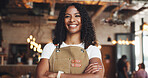 Waiter, portrait and woman in cafe with arms crossed, experience or pride as dining assistant. Hospitality, smile or server in restaurant with confidence, profession and job goals in customer service