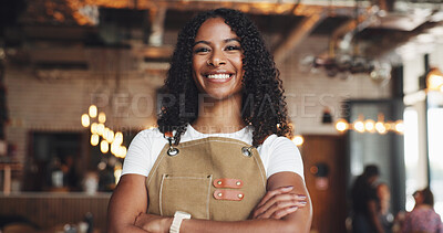 Buy stock photo Waiter, portrait and woman in cafe with arms crossed, experience or pride as dining assistant. Hospitality, smile or server in restaurant with confidence, profession and job goals in customer service
