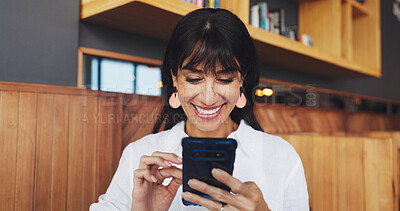 Buy stock photo Business woman, phone and smile in coffee shop for break, social media or remote work. Mature freelancer, research and tech with internet for feedback, website or review in cafe for notification