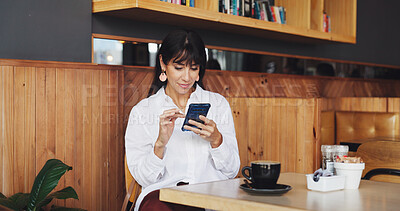 Buy stock photo Business woman, phone and reading in coffee shop for break, social media and notification. Freelancer, research and tech with internet for meeting, website or review in cafe for project proposal