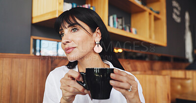 Buy stock photo Relax, smile and woman in coffee shop with drink, thinking and morning cup in restaurant. Reflection, memory and mature customer in cafe with cappuccino, satisfaction and wellness with hot beverage