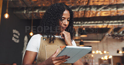 Buy stock photo Thinking, woman and barista with tablet in restaurant with ideas for online menu or inventory. Planning, digital technology and female waitress with stock list order on website for coffee shop.