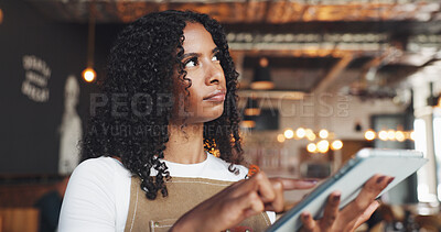 Buy stock photo Thinking, woman and waitress with tablet in cafe with ideas for online menu or inventory. Problem solving, digital technology and female barista with stock list order on website for restaurant.
