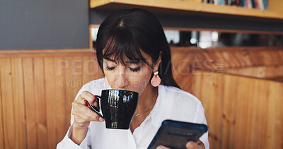 Buy stock photo Business woman, phone and drink in coffee shop for break, social media and remote work. Mature freelancer, research and tech with cup for warm beverage, latte or espresso in cafe or restaurant