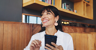 Buy stock photo Business woman, phone and smile in cafe for break, social media or notification. Mature freelancer, research and tech with internet for article, website or review in coffee shop for project proposal