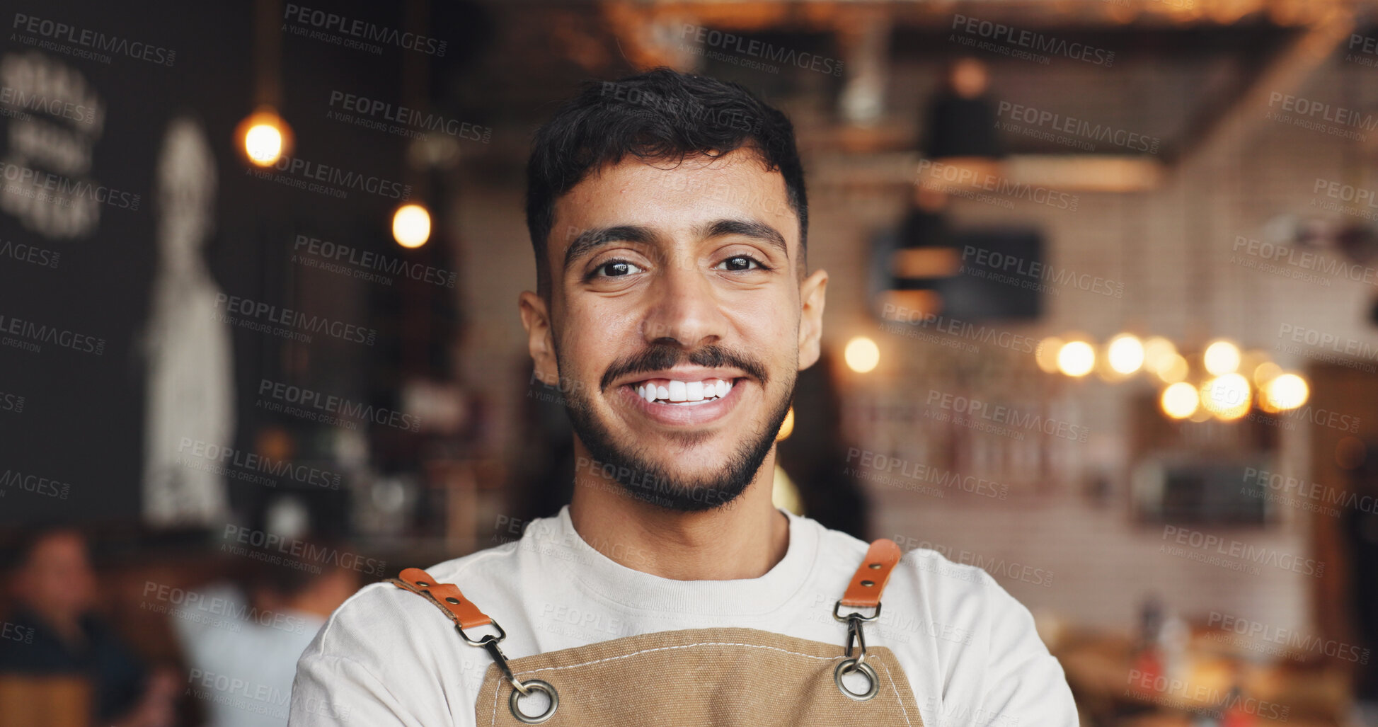 Buy stock photo Waiter, portrait and man in cafe with smile, experience or pride as dining assistant. Hospitality, bokeh or happy server in restaurant with confidence, profession and job goals in customer service.