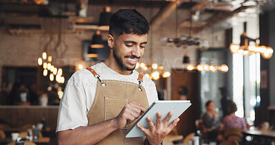 Buy stock photo Restaurant, happy man and waiter reading with tablet, table management and online service platform. Review reservation, browsing menu update and server with tech for info, check app and order status