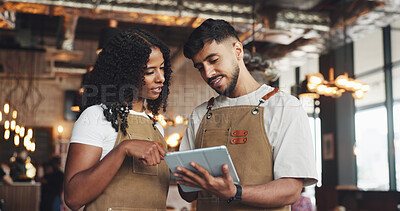 Buy stock photo Waiter, teamwork and people with tablet in cafe for barista training, counting stock or inventory management. Hospitality industry, discussion and digital tech for coffee shop system or order help