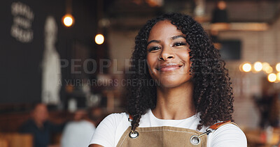 Buy stock photo Waiter, portrait and woman in cafe with smile, barista experience or pride as dining assistant. Hospitality, bokeh or server in restaurant with confidence, profession or job goals in customer service