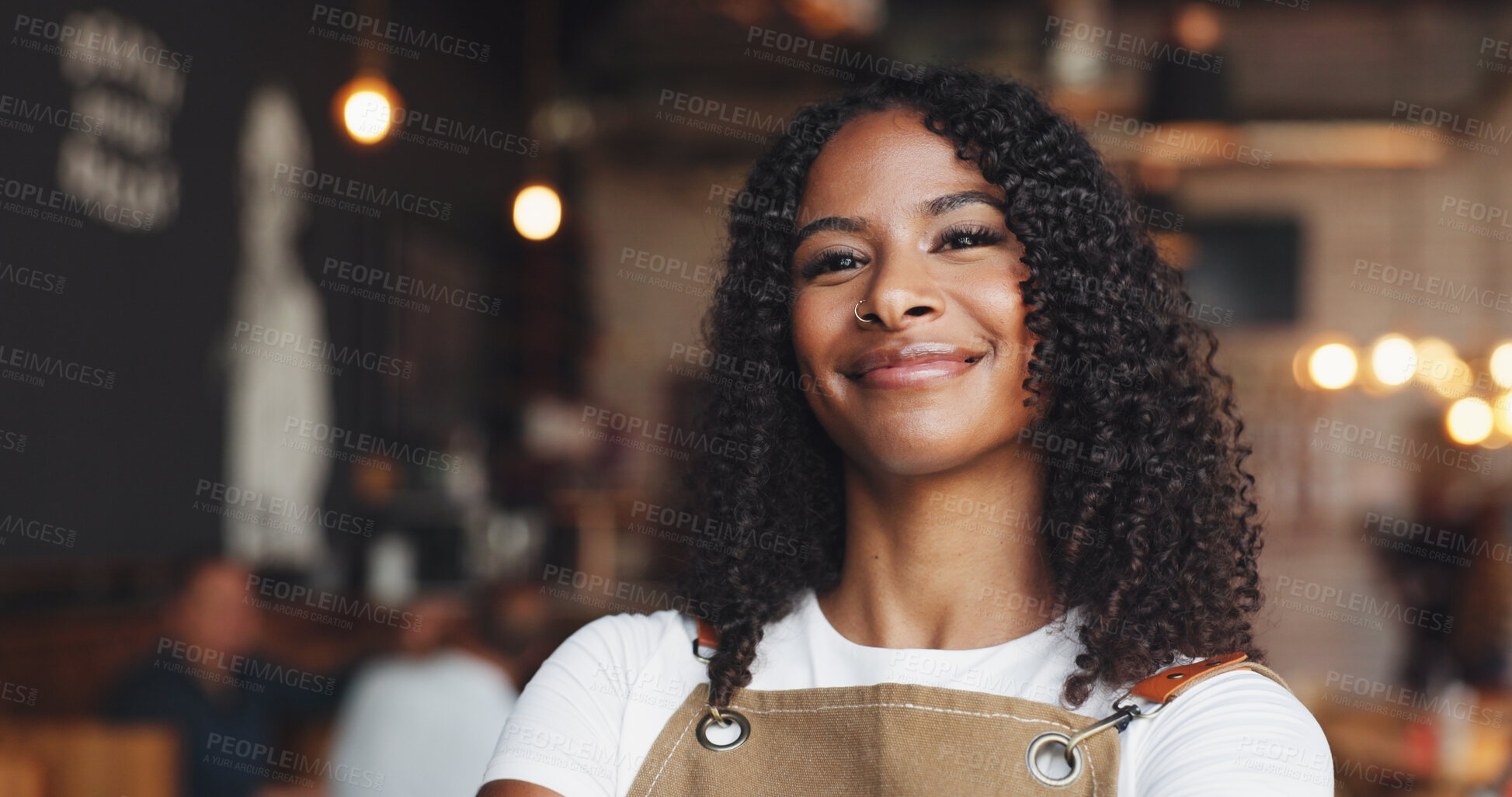 Buy stock photo Waiter, portrait and woman in cafe with smile, barista experience or pride as dining assistant. Hospitality, bokeh or server in restaurant with confidence, profession or job goals in customer service