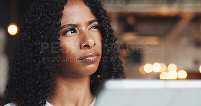 Buy stock photo Thinking, woman and waitress with tablet in coffee shop with ideas for online menu or inventory. Problem solving, digital technology and female barista with stock list order on website for restaurant
