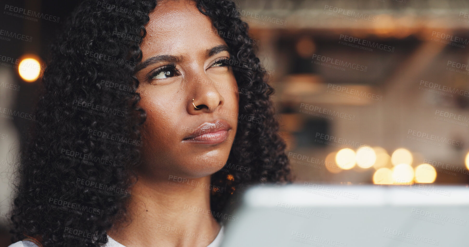 Buy stock photo Thinking, woman and waitress with tablet in coffee shop with ideas for online menu or inventory. Problem solving, digital technology and female barista with stock list order on website for restaurant