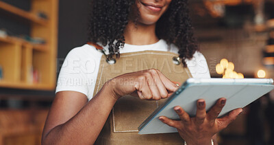 Buy stock photo Restaurant, hands or waitress reading with tablet, table management or check online service platform. Reservation system, browsing menu update or woman with tech for info, scroll app or order status