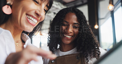 Buy stock photo Owner, waitress and meeting with tech for online inventory checklist, happy with staff schedule or supplier info. Women, below and restaurant team on tablet for menu planning, cafe budget or agenda