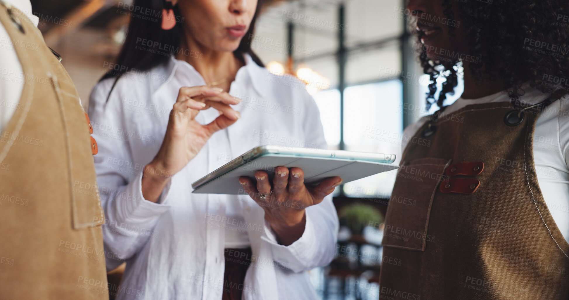 Buy stock photo Hands, restaurant team and meeting with tablet for inventory checklist, staff schedule or review supplier info. People, waiters and owner with digital tech for menu planning, cafe agenda or budget