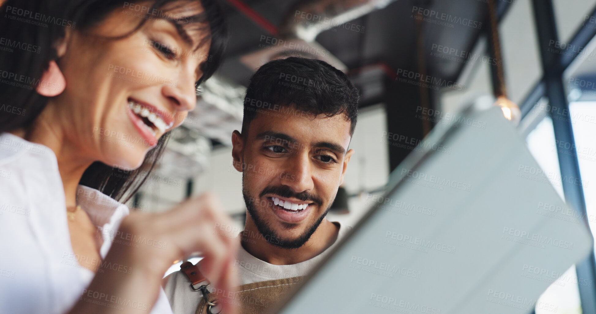 Buy stock photo Owner, barista and meeting with tablet for online inventory checklist, staff schedule or review supplier info. Happy woman, man and restaurant team on tech for menu planning, cafe agenda or budget 