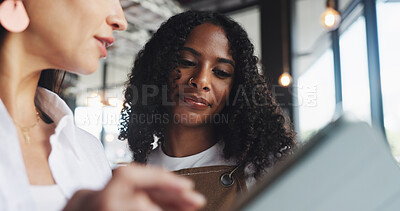 Buy stock photo People, waitress and meeting in cafe with tablet for digital menu development, planning or conversation. Women, manager and employee in coffee shop with tech, research and discussion for hospitality.
