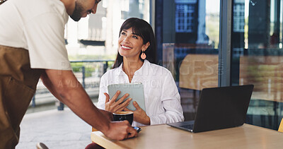 Buy stock photo Cafe, waiter and businesswoman with smile for coffee, customer experience and remote work with tech. Consumer, cappuccino and mature person with tablet for project, freelancer and happy for services