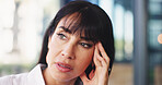 Think, stress or businesswoman outdoor with headache, reflection or burnout for remote work search. Mental fatigue, thoughtful or mature person with migraine at cafe, job security pressure or worry
