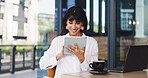 Happy, woman or tablet in cafe with laptop for job vacancy, remote work application or email. Mature person, smile or scroll in coffee shop with tech, computer or notification for hiring opportunity.