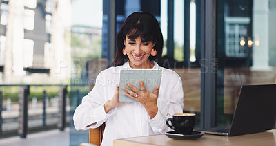 Buy stock photo Happy, woman or tablet in cafe with laptop for job vacancy, remote work application or email. Mature person, smile or scroll in coffee shop with tech, computer or notification for hiring opportunity.
