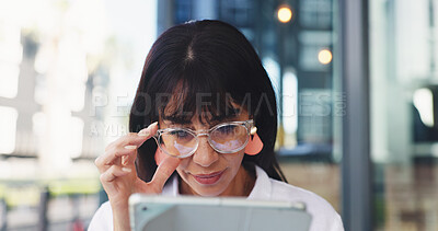 Buy stock photo Glasses, woman or reading on tablet at office, positive article feedback or check story comments. Feature reviews,  journalist or mature person with eyewear at workplace, tech or news platform site