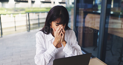Buy stock photo Employee, anxiety and woman with laptop, cafe or remote work for design project, worried and burnout. Disappointed, mature person and freelancer with tech for deadline, graphic designer and stress