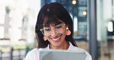 Buy stock photo Journalist, happy woman or reading on tablet at office, positive feedback or check article comments. Story reviews, journalism or mature person with tech on news site, publication platform or smile
