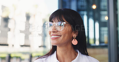 Buy stock photo Happy, woman and thinking in office with glasses for job future, professional opportunity and vision. Bokeh, mature person and smile in workplace for reflection, career growth and employment insight.