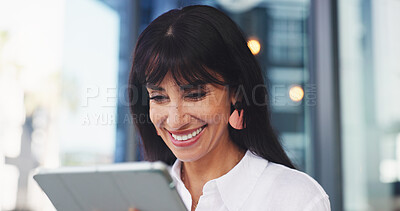 Buy stock photo Office, mature woman or reading with tablet, positive article feedback or check story comments. Feature reviews, journalist or happy person with online news platform, tech or publication website