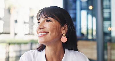 Buy stock photo Thinking, smile and business woman outdoor for reflection, memory and problem solving. Happiness, brainstorming and vision with mature person at office building for inspiration, planning and idea