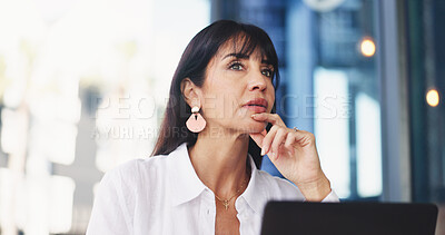 Buy stock photo Thinking, solution or woman in office with laptop, insight and ideas for news story. Reflection, bokeh or mature journalist in agency with tech, article inspiration or brainstorming for report.