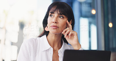 Buy stock photo Reflection, woman or journalist in office with laptop, insight and ideas for news story. Thinking, bokeh or mature person in agency with tech, blog inspiration or brainstorming for report.