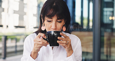 Buy stock photo Calm, drinking or woman in cafe with cup, tea and warm beverage enjoyment on work break. Satisfaction, sip or female person in coffee shop with mug, espresso and hot refreshment in restaurant.