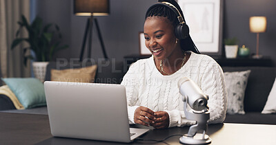 Buy stock photo Smile, podcast and laptop with black woman in home for streamer, social media or brand endorsement. Content creation, microphone and broadcast editing with person in apartment for show and headphones