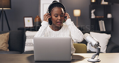 Buy stock photo Headphones, podcast and laptop with black woman in home for streamer, social media and brand endorsement. Content creation, microphone and broadcast editing with person in apartment for show